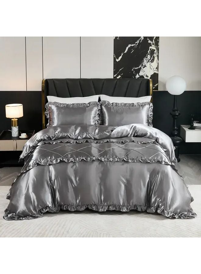 غطية لحاف رمادي مقاس 66 × 90 بوصة، طقم لحاف ساتان فاخر وأكياس وسائد - Image 5